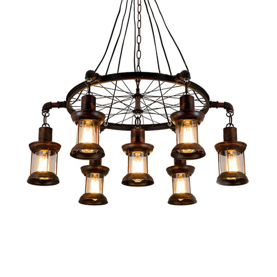 Coastal Lantern Hanging Lamp 7 Lights Clear Glass Chandelier Lighting In Rust With Wheel