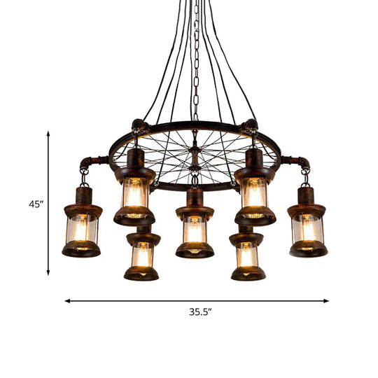 Coastal Lantern Hanging Lamp 7 Lights Clear Glass Chandelier Lighting In Rust With Wheel