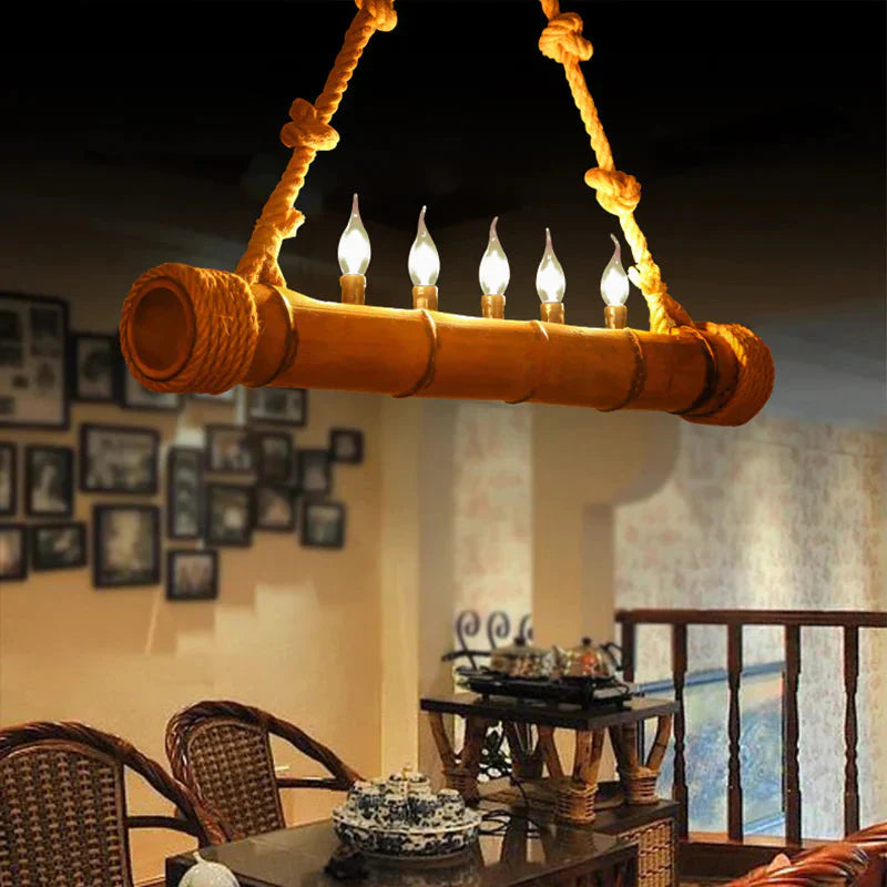 Beige Bamboo Shape Hanging Light With Candle 5 Lights Rustic Wood Chandelier For Cottage