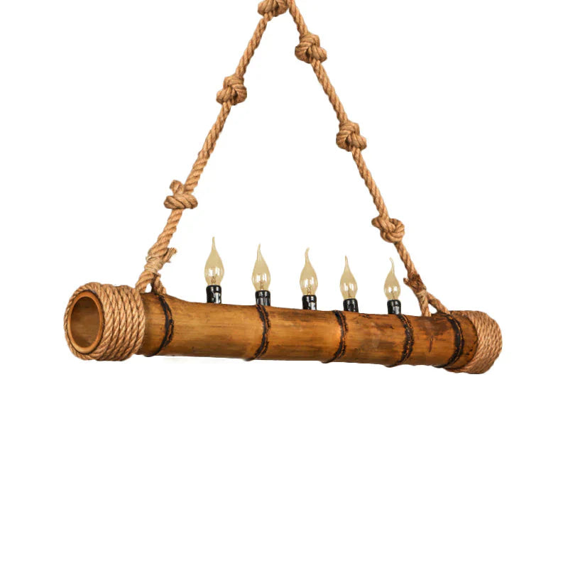 Beige Bamboo Shape Hanging Light With Candle 5 Lights Rustic Wood Chandelier For Cottage