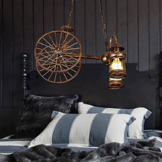 Rustic Stylish Wheel Design Hanging Lamp With Lantern Shade 2 Lights Metal Chandelier Lighting In