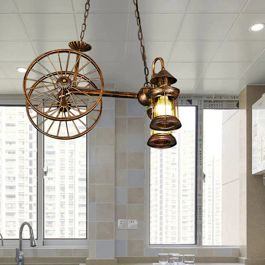 Rustic Stylish Wheel Design Hanging Lamp With Lantern Shade 2 Lights Metal Chandelier Lighting In