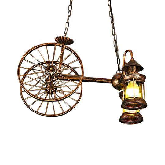 Rustic Stylish Wheel Design Hanging Lamp With Lantern Shade 2 Lights Metal Chandelier Lighting In