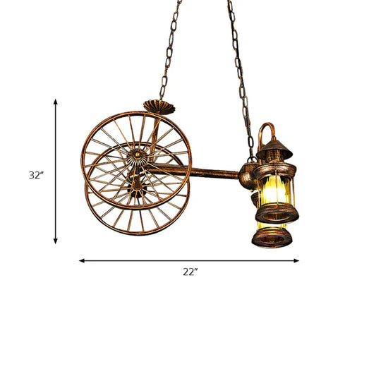 Rustic Stylish Wheel Design Hanging Lamp With Lantern Shade 2 Lights Metal Chandelier Lighting In