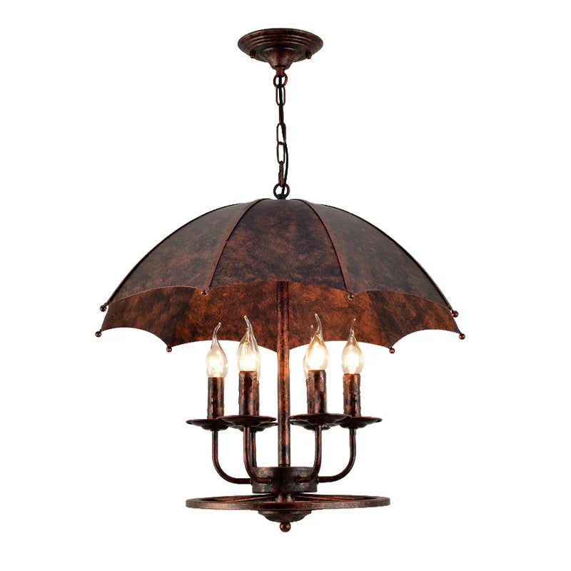 Rust Candle Suspension Light With Umbrella Shade 6 Lights Metallic Pendant Lamp For Boutique