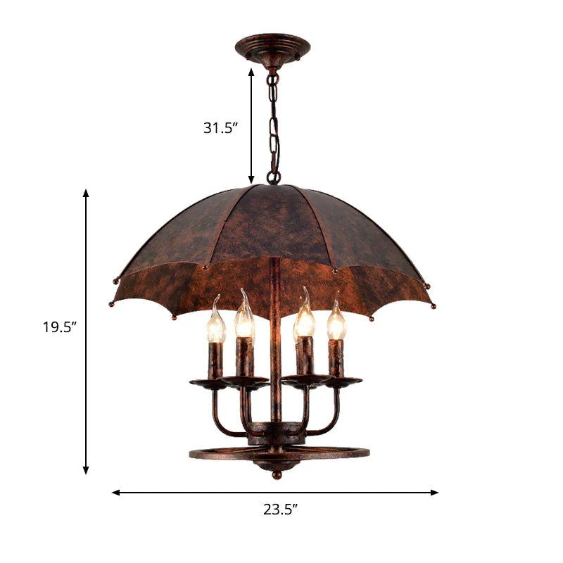 Rust Candle Suspension Light With Umbrella Shade 6 Lights Metallic Pendant Lamp For Boutique