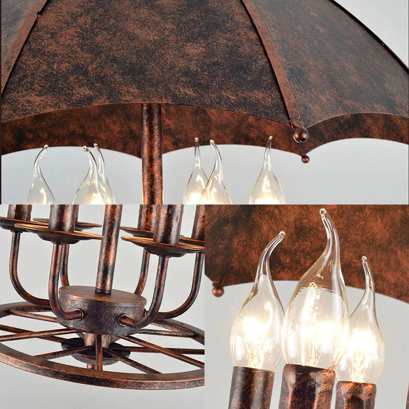 Rust Candle Suspension Light With Umbrella Shade 6 Lights Metallic Pendant Lamp For Boutique