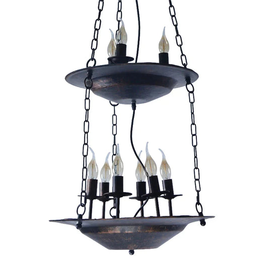 Metallic Candle&Saucer Chandelier Bookstore Cafe Industrial Style Pendant Lamp In Rust