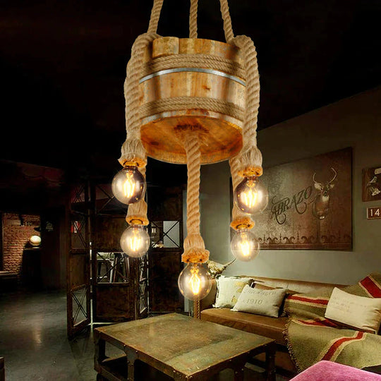 Drum Shape Chandeliers Five - Light Retro Style Wood Hanging Lights In Beige Color For Agritainment