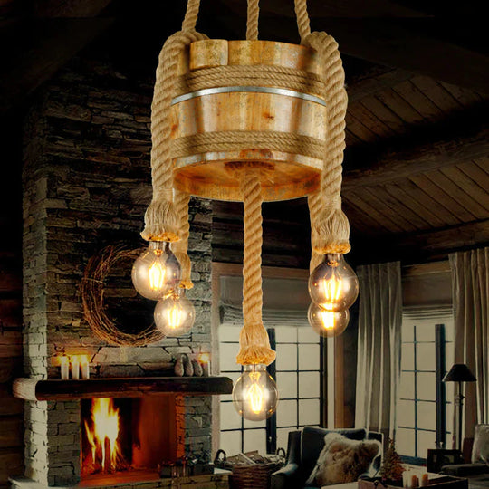 Drum Shape Chandeliers Five - Light Retro Style Wood Hanging Lights In Beige Color For Agritainment