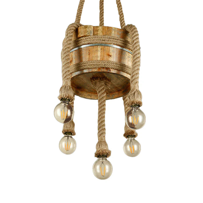 Drum Shape Chandeliers Five - Light Retro Style Wood Hanging Lights In Beige Color For Agritainment