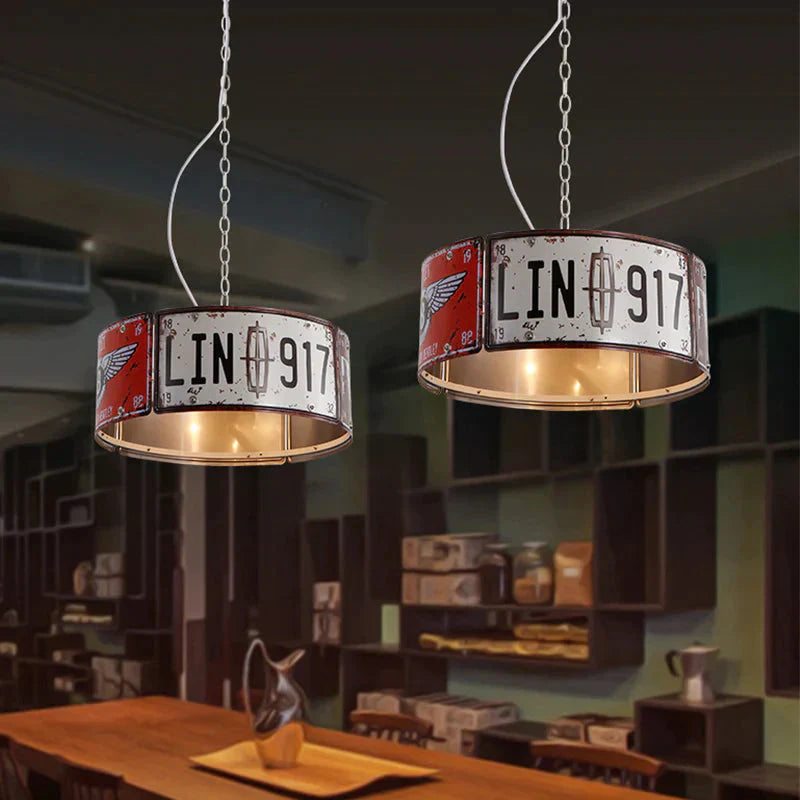 Round Cage Metal Suspension Light Three - Head Retro Chandeliers In White And Red For Bar