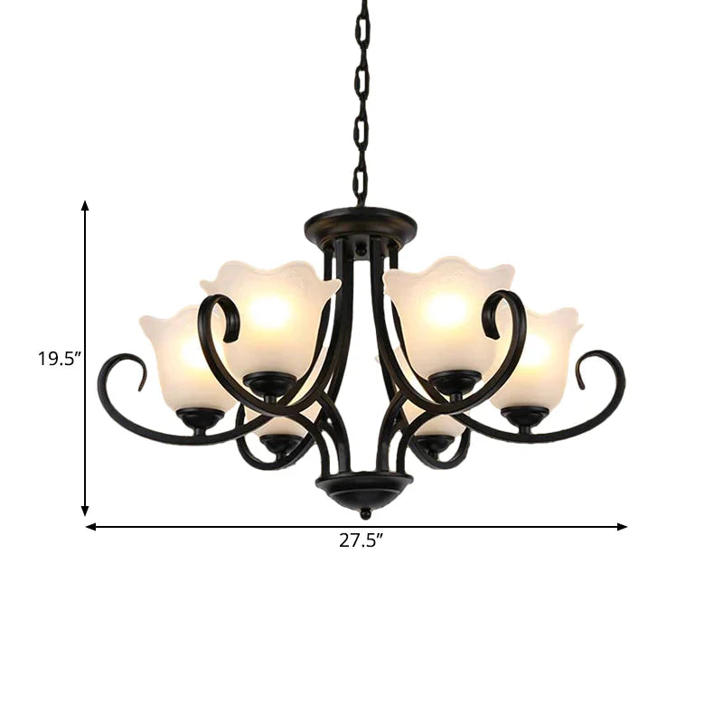 Black 4/6/8 - Bulb Ceiling Chandelier Warehouse Frosted Glass Flower Hanging Light Kit With Scroll