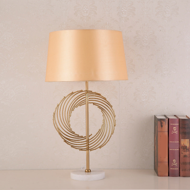 Alphecca - Vintage Drum Study Room Desk Lamp Fabric 1 Bulb Gold Night Table Light With Ring Decor