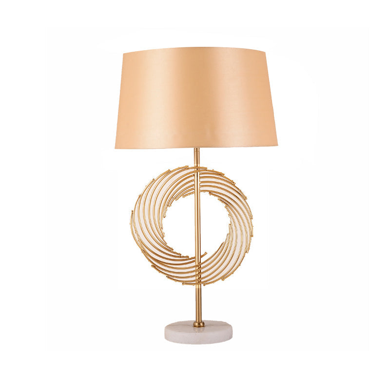 Alphecca - Vintage Drum Study Room Desk Lamp Fabric 1 Bulb Gold Night Table Light With Ring Decor