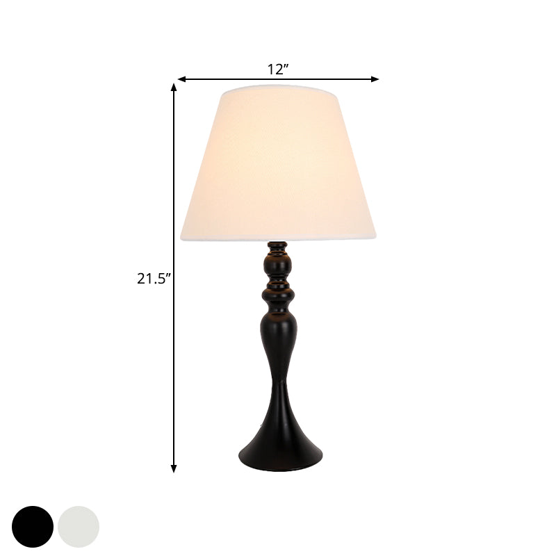 Zaniah - Retro Style Conic Table Light 1 - Head Fabric Night Lamp With Baluster Base In White/Black