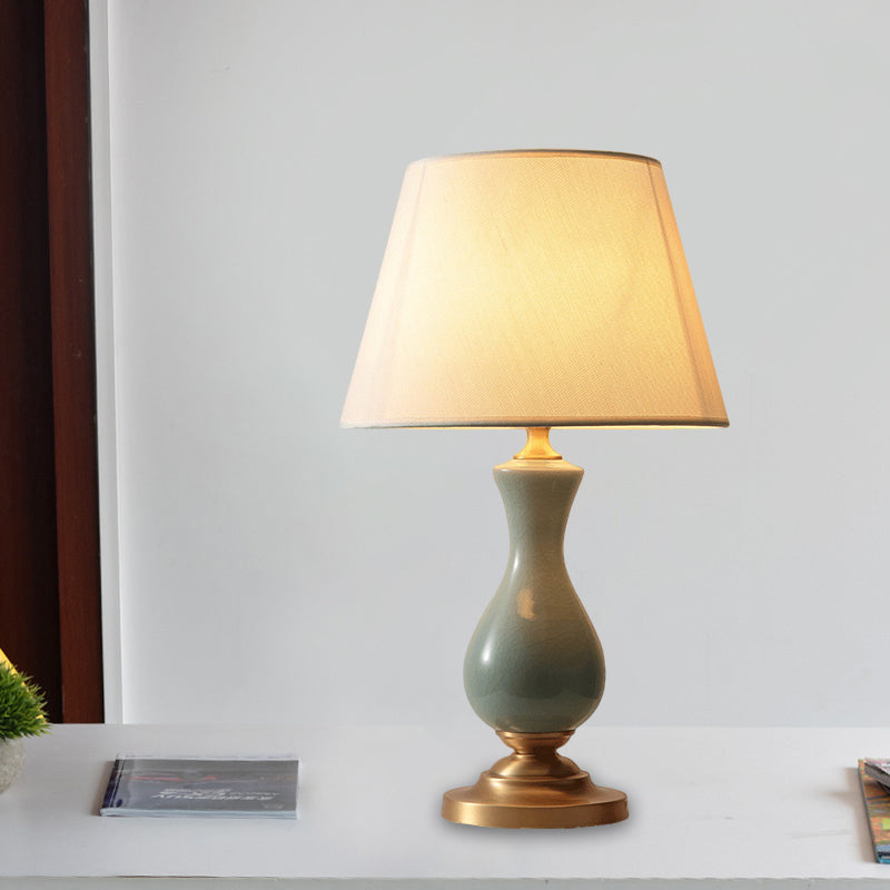 Maria - White Fabric Reading Lamp Tapered Single Light Antiqued Night With Green Gourd Decor