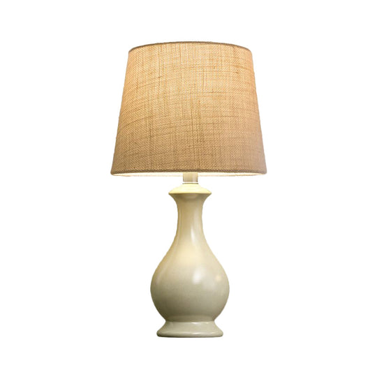 Jade - Countryside Beige Fabric Nightstand Light With White Vase Base: 1 Bulb