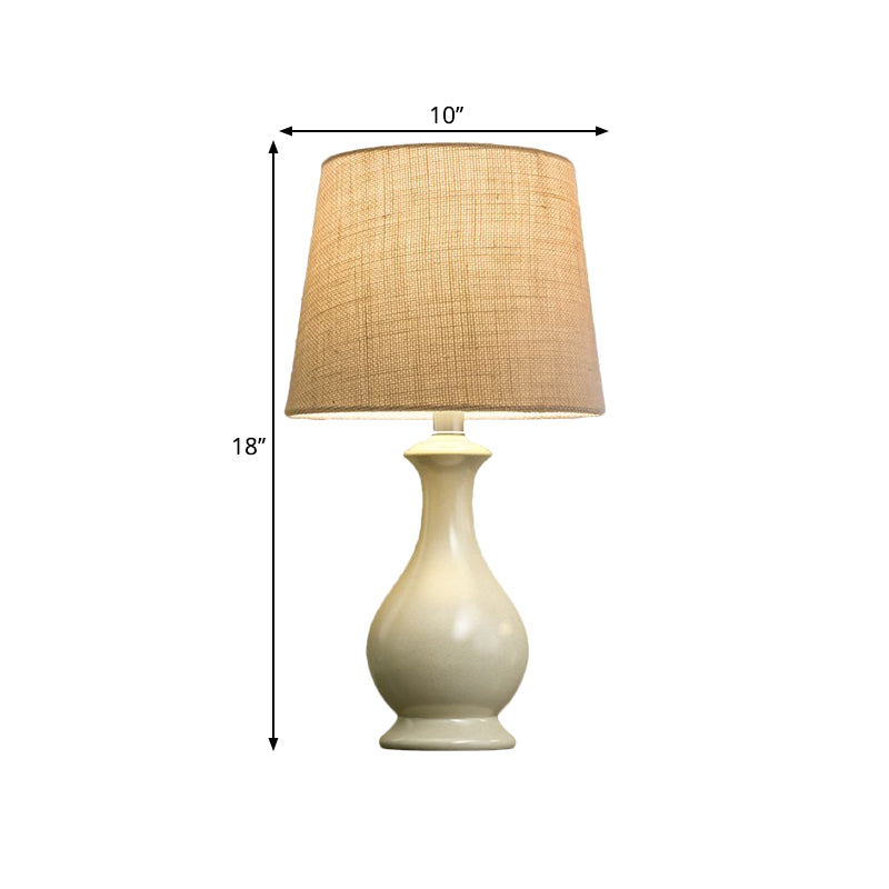 Jade - Countryside Beige Fabric Nightstand Light With White Vase Base: 1 Bulb