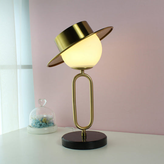 Alessia - Cartoon 1 Light Metal Hat Desk Light: Cream Glass Shade Marble Base Brass / A