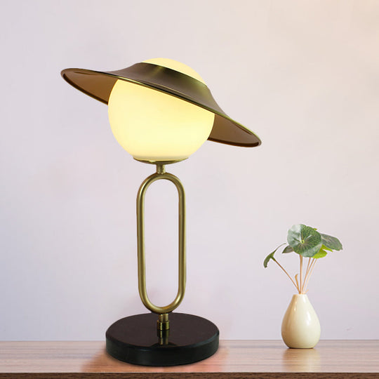Alessia - Cartoon 1 Light Metal Hat Desk Light: Cream Glass Shade Marble Base Brass / B