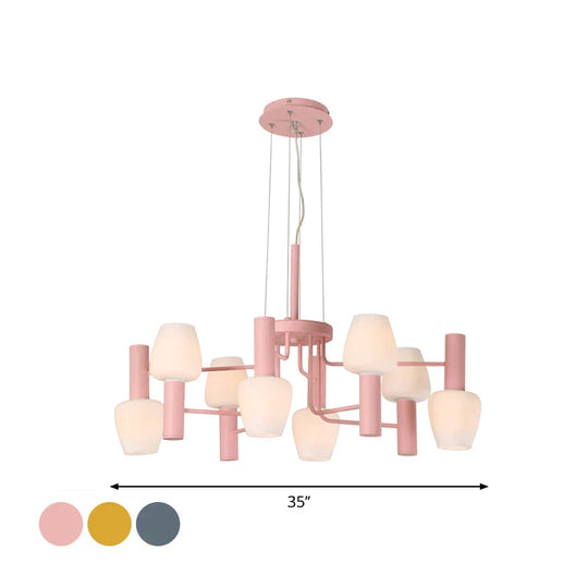 Grey/Pink/Yellow Conical Chandelier Lamp Modernist 8 Heads Frosted Glass Hanging Light For Living