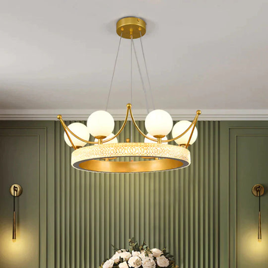 Modern Crown Shape Suspension Lamp Metal 6 Lights Girl Room Led Ceiling Chandelier In Gold With Orb