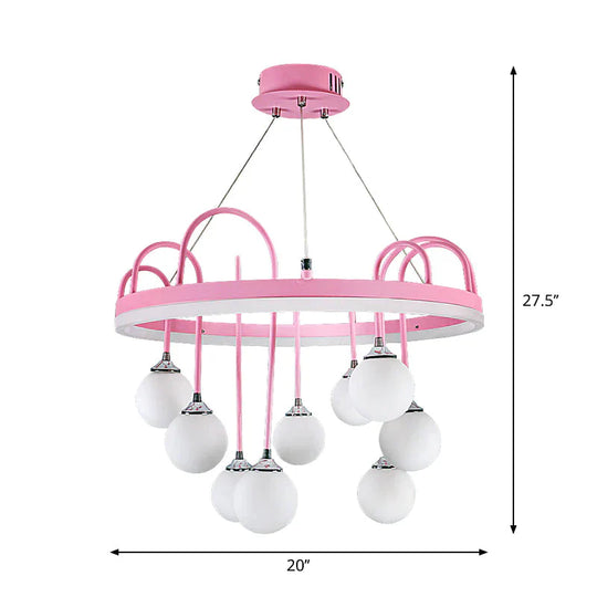 Rounded Hanging Lamp Kids Metal 9 - Light Pink Chandelier Lighting With Frosted Glass Shade