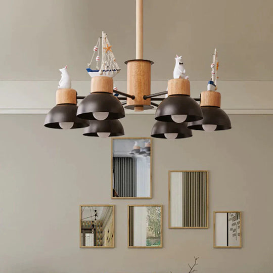Dome Metallic Chandelier Lighting Cartoon 6 Bulbs Black/White Hanging Ceiling Light With Bear And