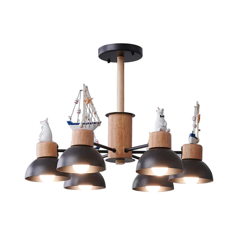 Dome Metallic Chandelier Lighting Cartoon 6 Bulbs Black/White Hanging Ceiling Light With Bear And