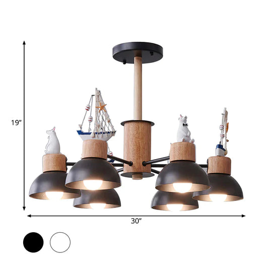 Dome Metallic Chandelier Lighting Cartoon 6 Bulbs Black/White Hanging Ceiling Light With Bear And