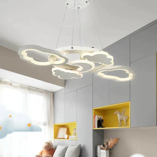 Moon And Cloud Bedroom Chandelier Lamp Acrylic Led Cartoon Hanging Light Kit In White