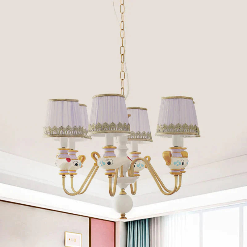 Gold Conical Pendant Lighting Modernism 3/5/6 Lights Fabric Hanging Chandelier With Teapot Decor