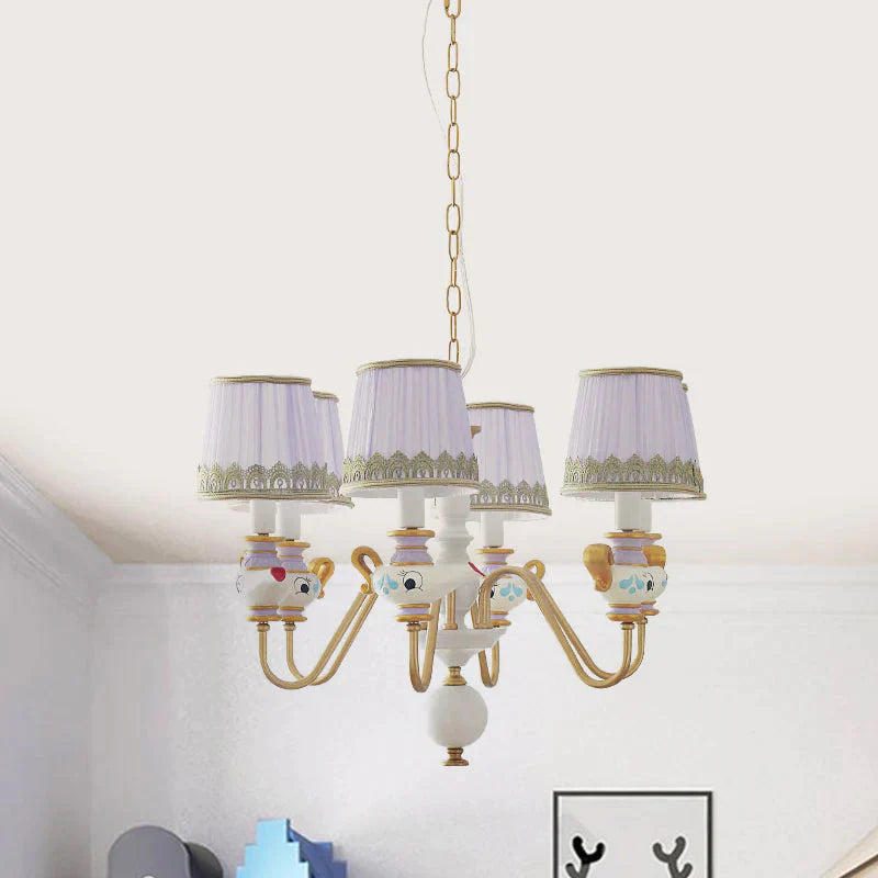 Gold Conical Pendant Lighting Modernism 3/5/6 Lights Fabric Hanging Chandelier With Teapot Decor