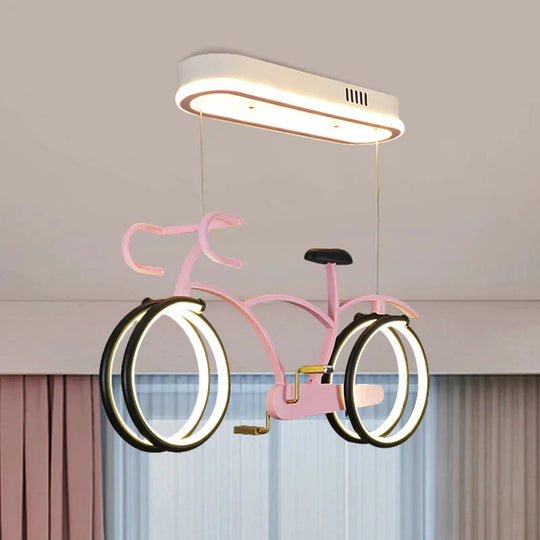 Silver/Pink/Blue Bike Chandelier Light Cartoon Led Metallic Hanging Lighting For Kids Bedroom Pink