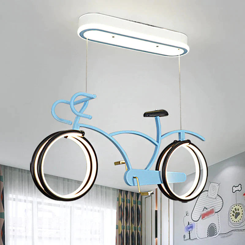 Silver/Pink/Blue Bike Chandelier Light Cartoon Led Metallic Hanging Lighting For Kids Bedroom Blue