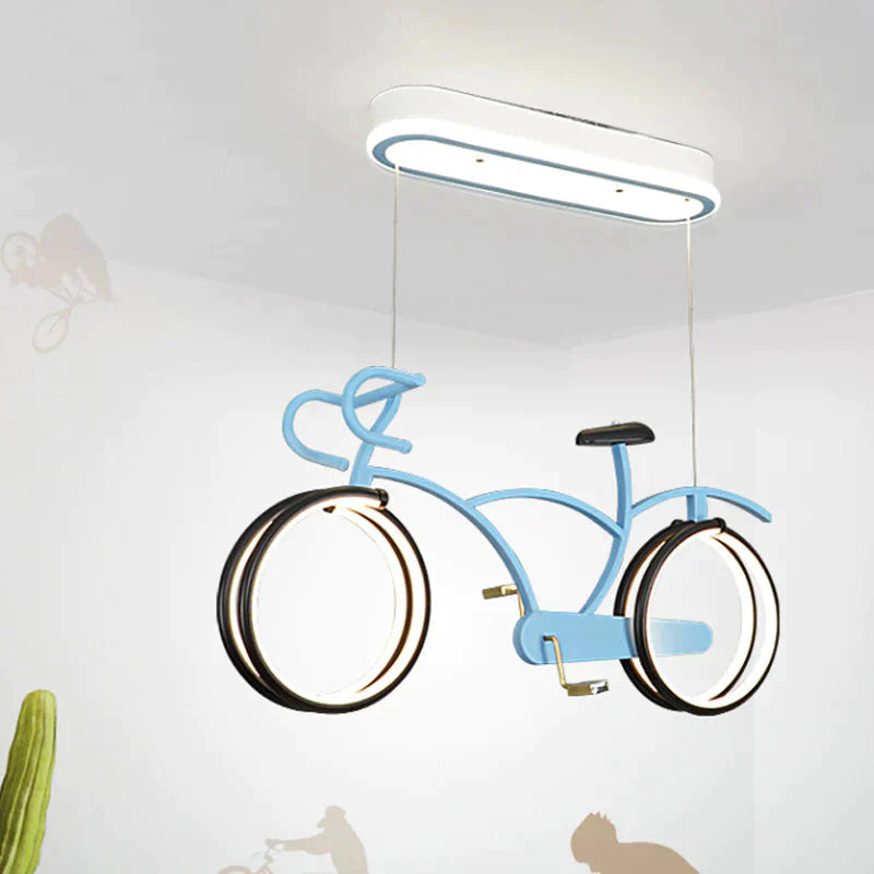 Silver/Pink/Blue Bike Chandelier Light Cartoon Led Metallic Hanging Lighting For Kids Bedroom
