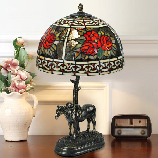 Rastaban - Vintage Stained Glass Bronze Desk Lamp Bowl 1 - Bulb Night Table Light With Boy On Horse