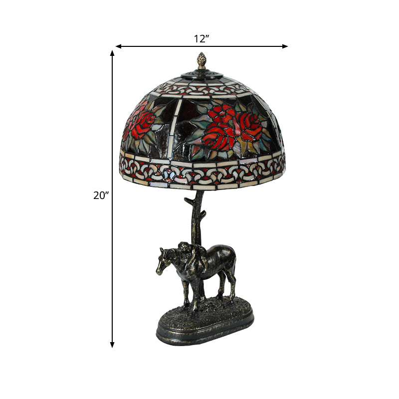 Rastaban - Vintage Stained Glass Bronze Desk Lamp Bowl 1 - Bulb Night Table Light With Boy On Horse
