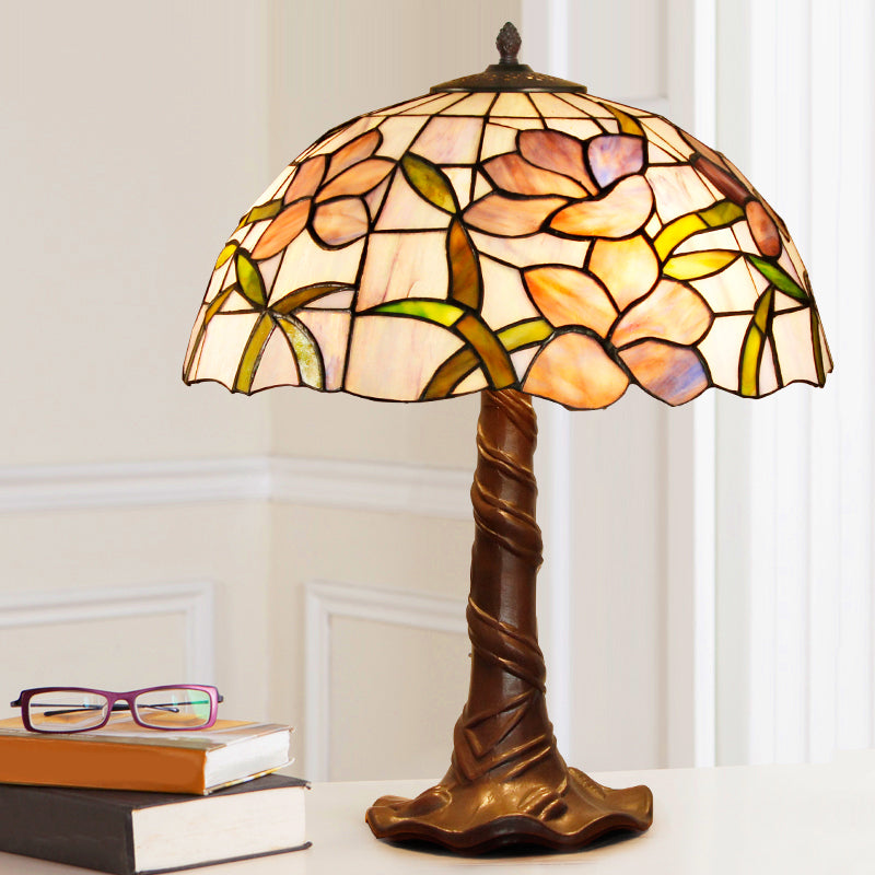 Mary - Tiffany Domed Table Lamp: Coffee 1 - Head Cut Glass Pull Chains