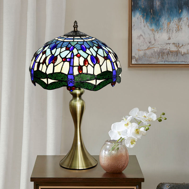 Eva - Blue 1 Head Table Lighting Mediterranean Stained Glass Scalloped Nightstand Lamp With Beaded