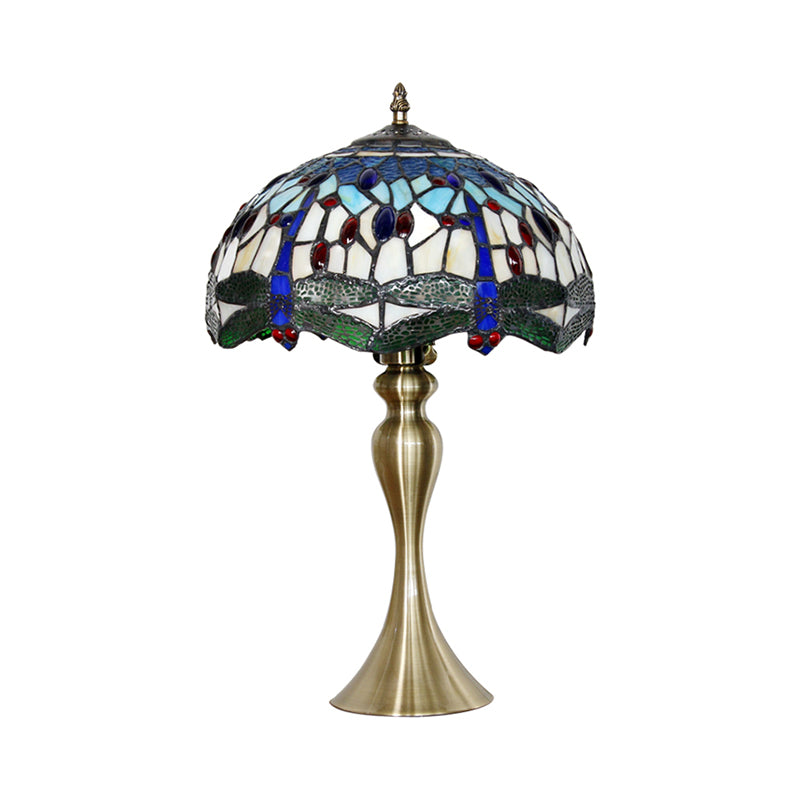 Eva - Blue 1 Head Table Lighting Mediterranean Stained Glass Scalloped Nightstand Lamp With Beaded