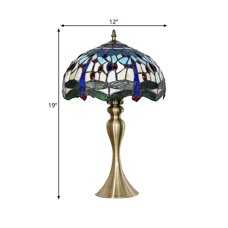 Eva - Blue 1 Head Table Lighting Mediterranean Stained Glass Scalloped Nightstand Lamp With Beaded