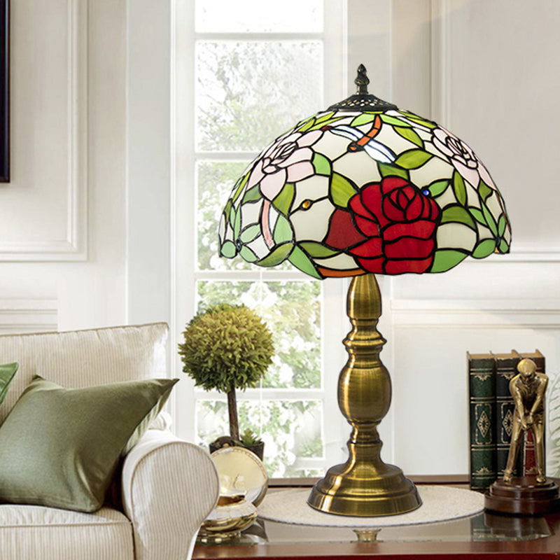 Melanie - Traditional Green Glass Dome Night Lamp With Rose & Dragonfly Pattern Brass