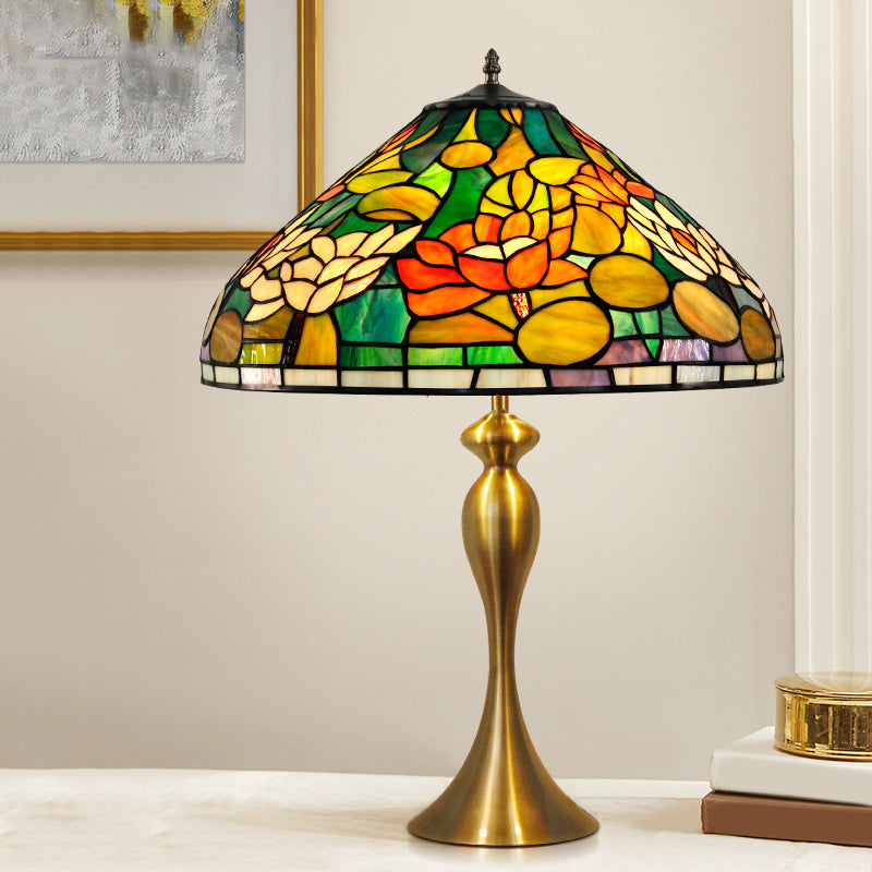 Emily - Vintage 1 Head Night Light Conical Multicolored Stained Glass Desk Lamp With Lotus Pattern