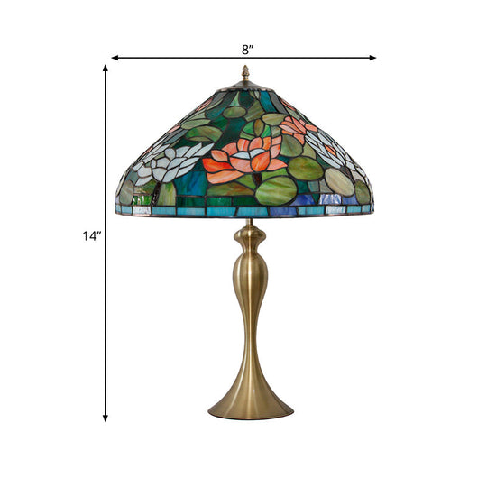 Emily - Vintage 1 Head Night Light Conical Multicolored Stained Glass Desk Lamp With Lotus Pattern