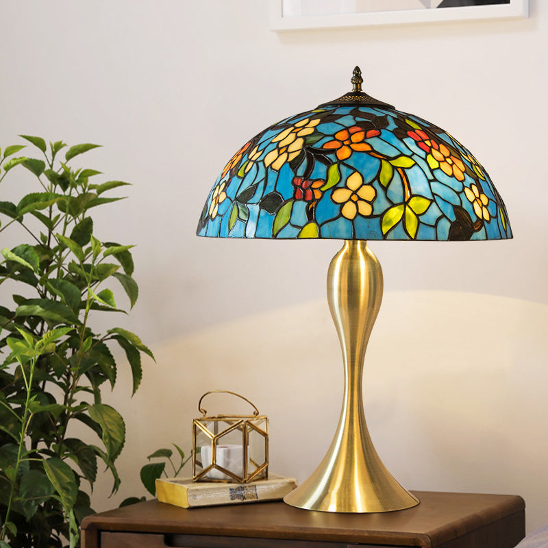 Lucie - Blue Flower Stained Glass Dome Nightstand Lamp – Mediterranean Style Brass