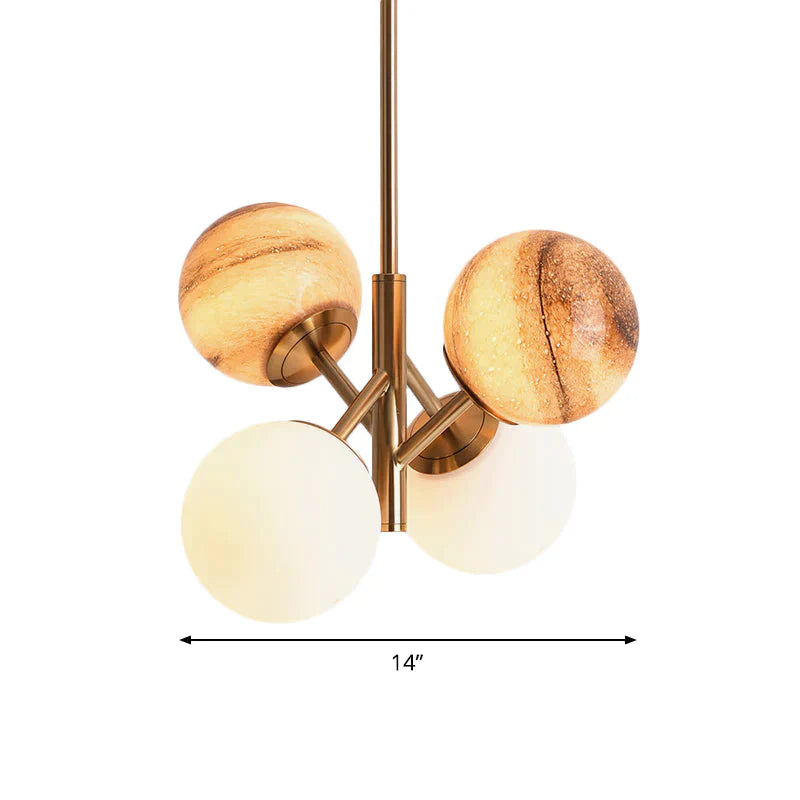 Brass Ball Hanging Lamp Kit Cartoon 4 Heads Multi Colored Glass Ceiling Pendant With Straight Arm