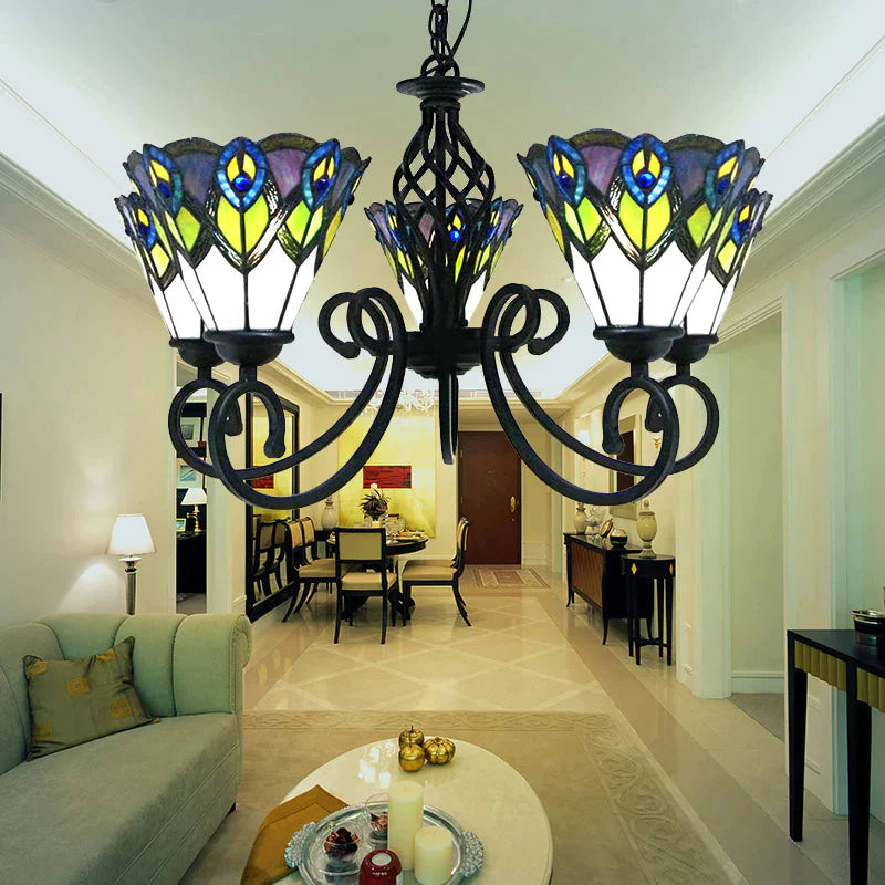 Stained Glass Tiffany Chandelier 5 Lights Peacock Pendant Light Fixture For Dining Table With