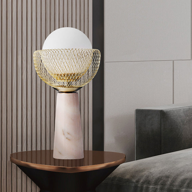 Rita - Minimalist Sphere White Glass Table Light 1 - Head Gold Night Lamp With Mesh Design